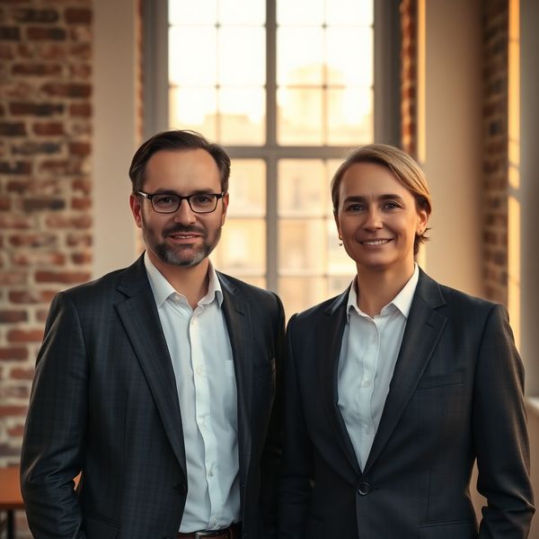 Portret dwojga prawników Zieliński & Nowak w gabinecie przy naturalnym świetle